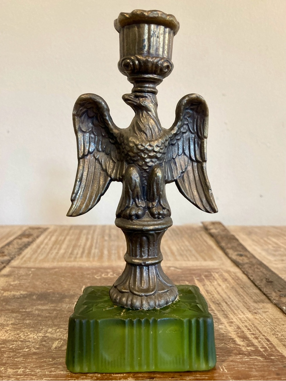 Vintage Eagle Candle Holder with Green Glass Base and Metal Eagle 6 3/4” Tall